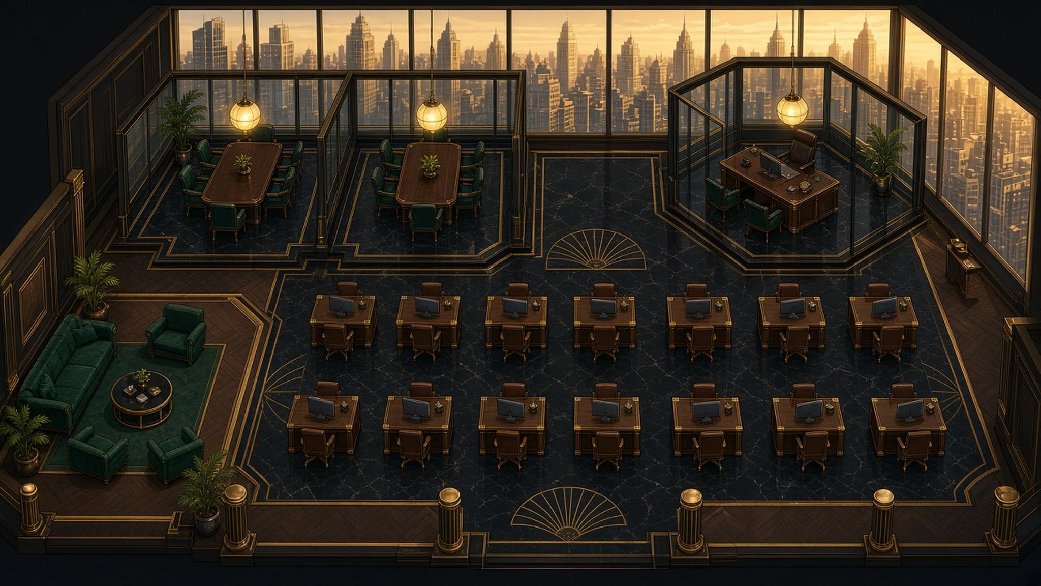 Art Deco high-rise office at golden hour, fourteen desks, two conference rooms, a corner office, and a green lounge